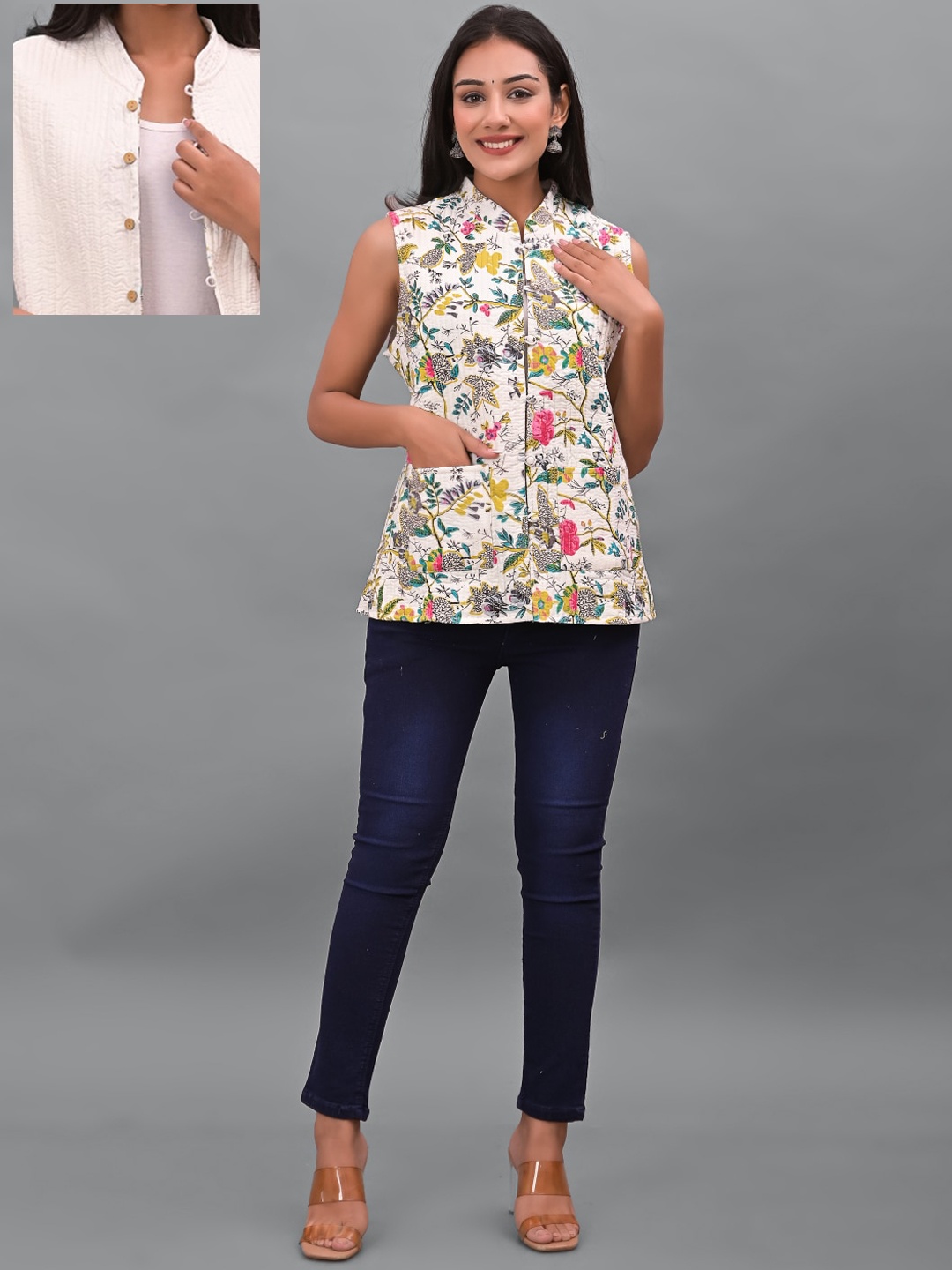 

Apratim Women White Green Floral Reversible Longline Tailored Cotton Jacket