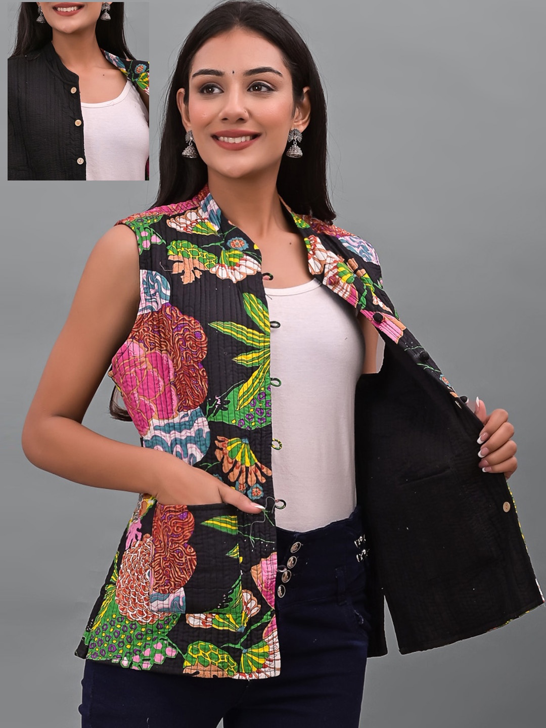 

Apratim Women Black Green Floral Reversible Tailored Cotton Jacket