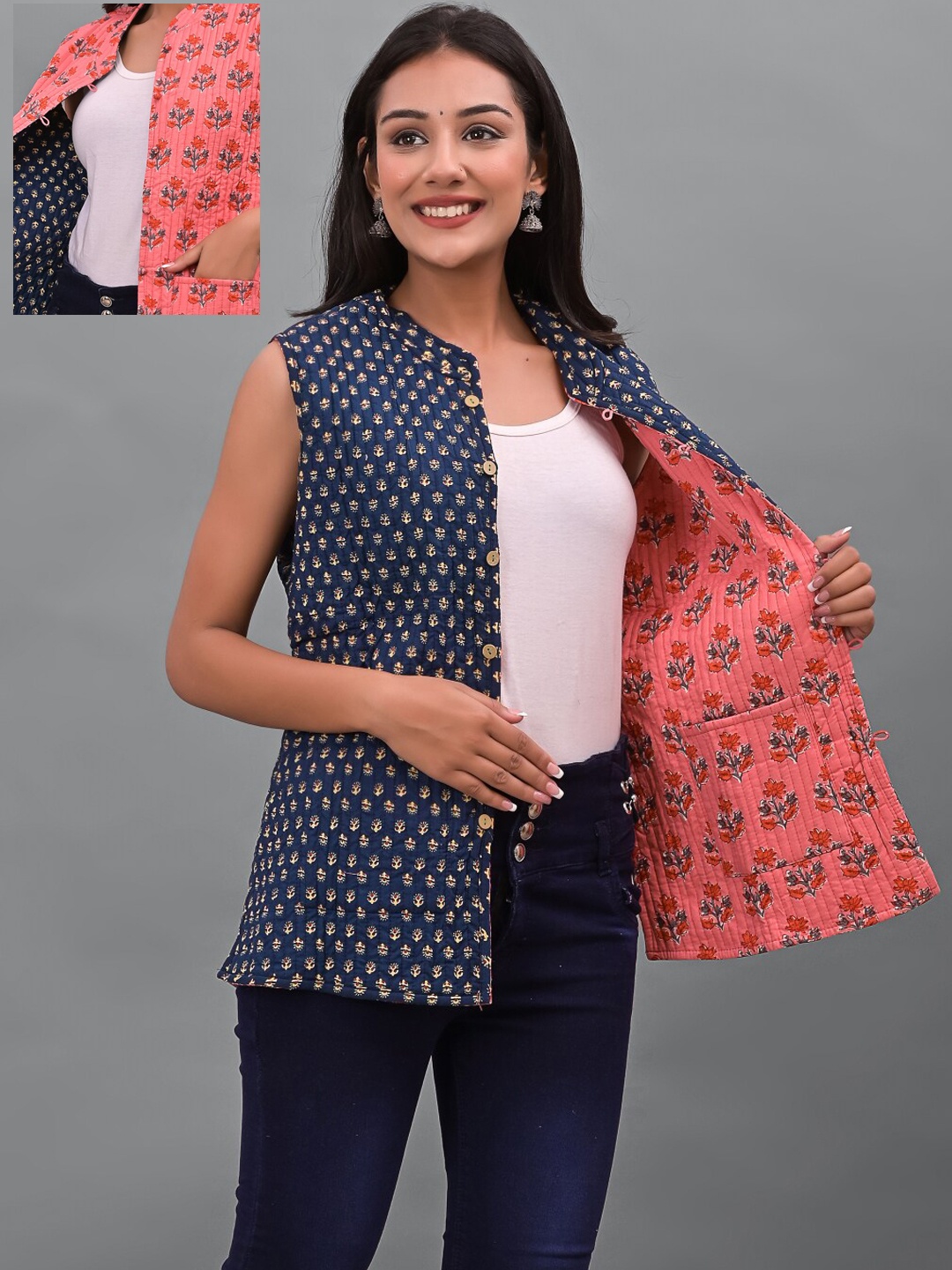 

Apratim Women Peach-Coloured Blue Floral Reversible Longline Tailored Cotton Jacket