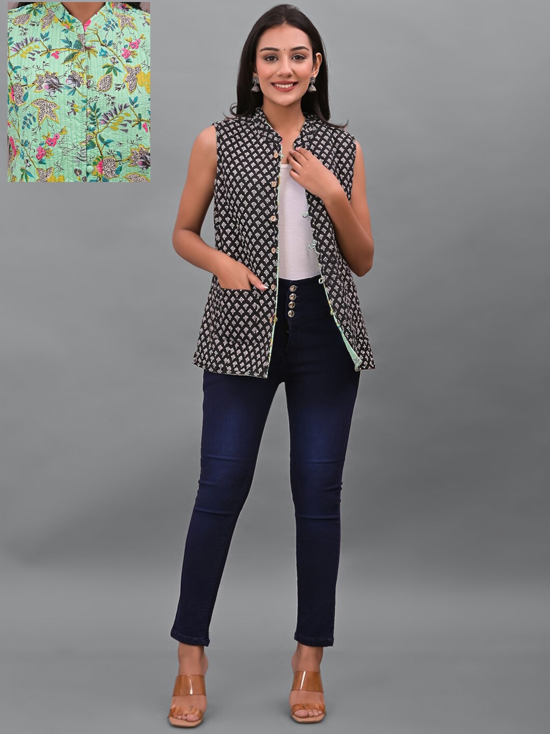 

Apratim Women Green Black Floral Reversible Tailored Cotton Jacket