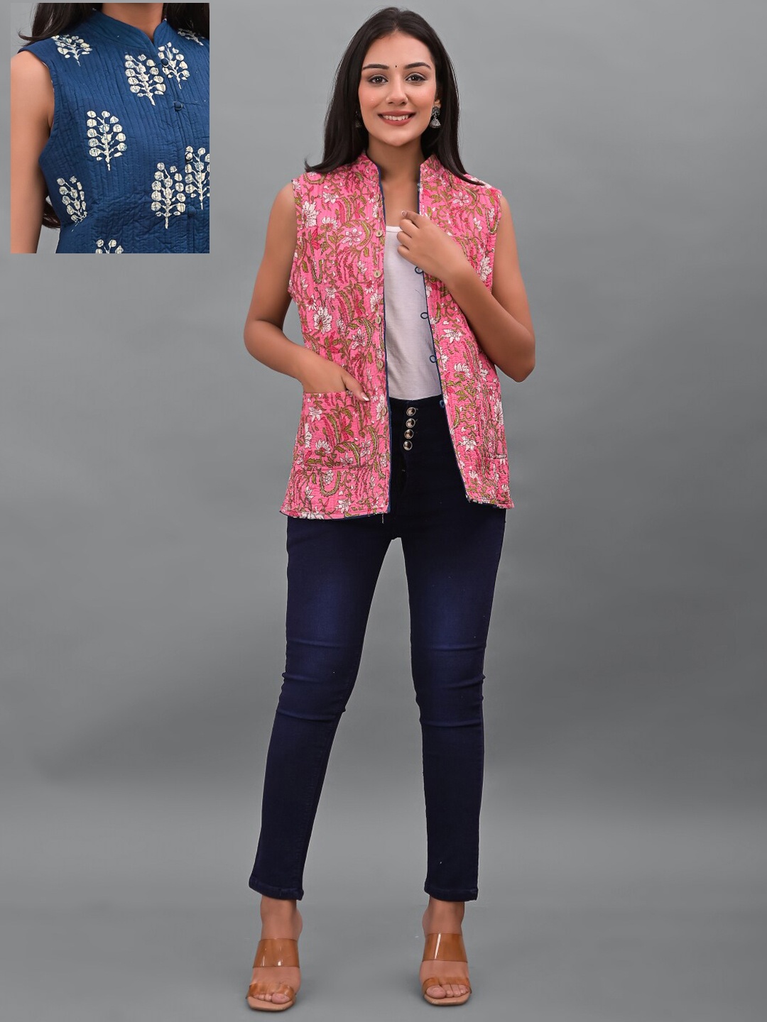 

Apratim Women Blue Pink Floral Reversible Longline Tailored Cotton Jacket