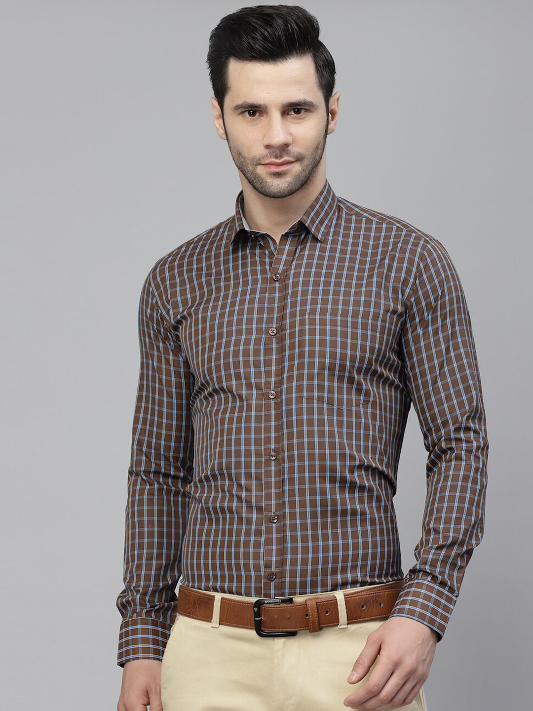 

Style Quotient Men Smart Checked Polycotton Regular Fit Formal Shirt, Brown