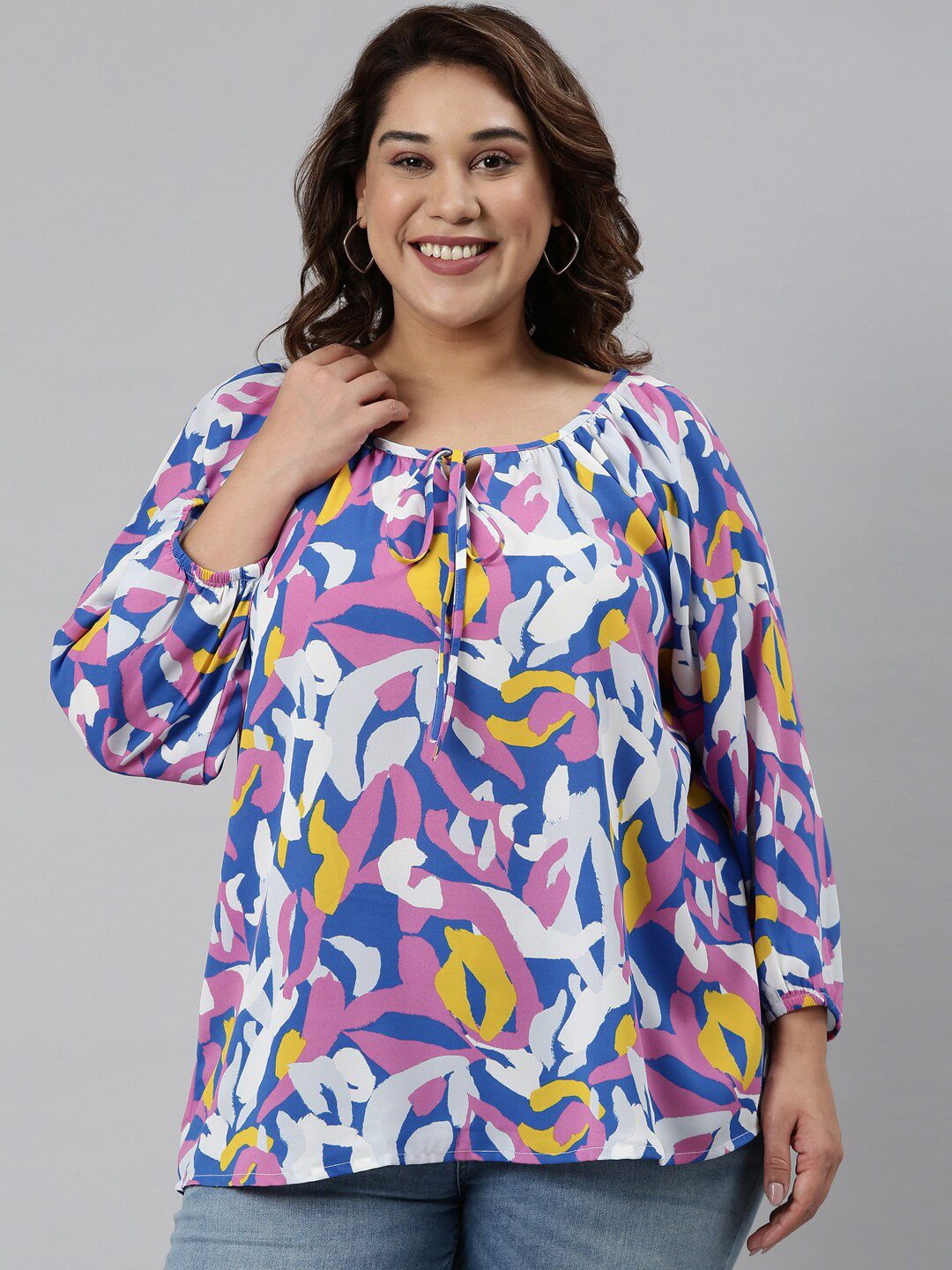 

The Pink Moon Women Plus Size Blue & Pink Abstract Printed Top