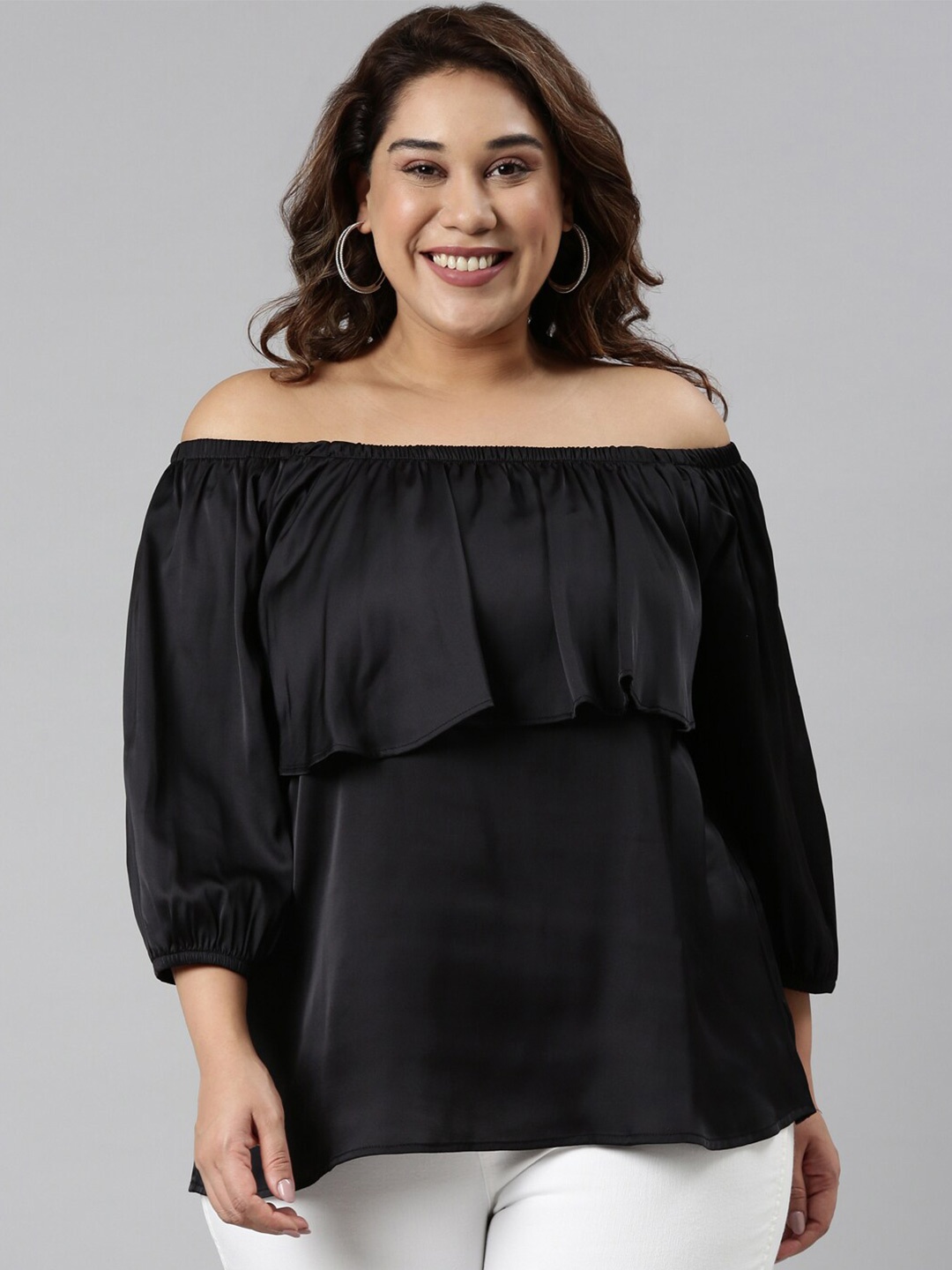 

The Pink Moon Women Plus Size Black Solid Off-Shoulder Satin Bardot Top