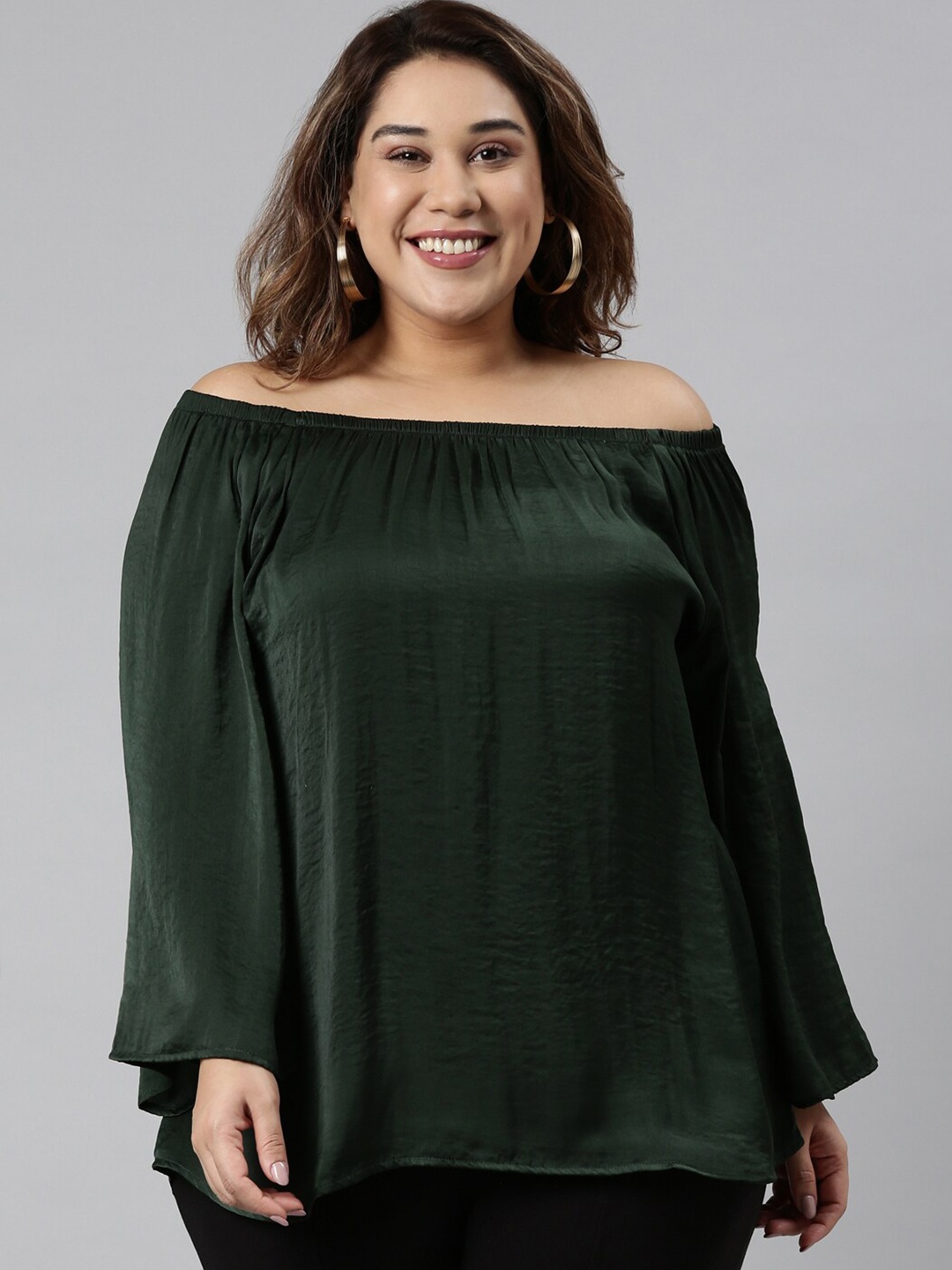 

The Pink Moon Women Plus Size Green Solid Off-Shoulder Satin Bardot Top