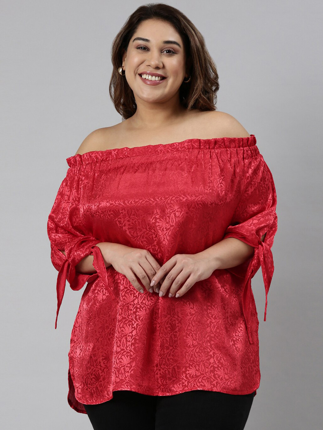

The Pink Moon Women Plus Size Red Self Design Off-Shoulder Satin Bardot Top