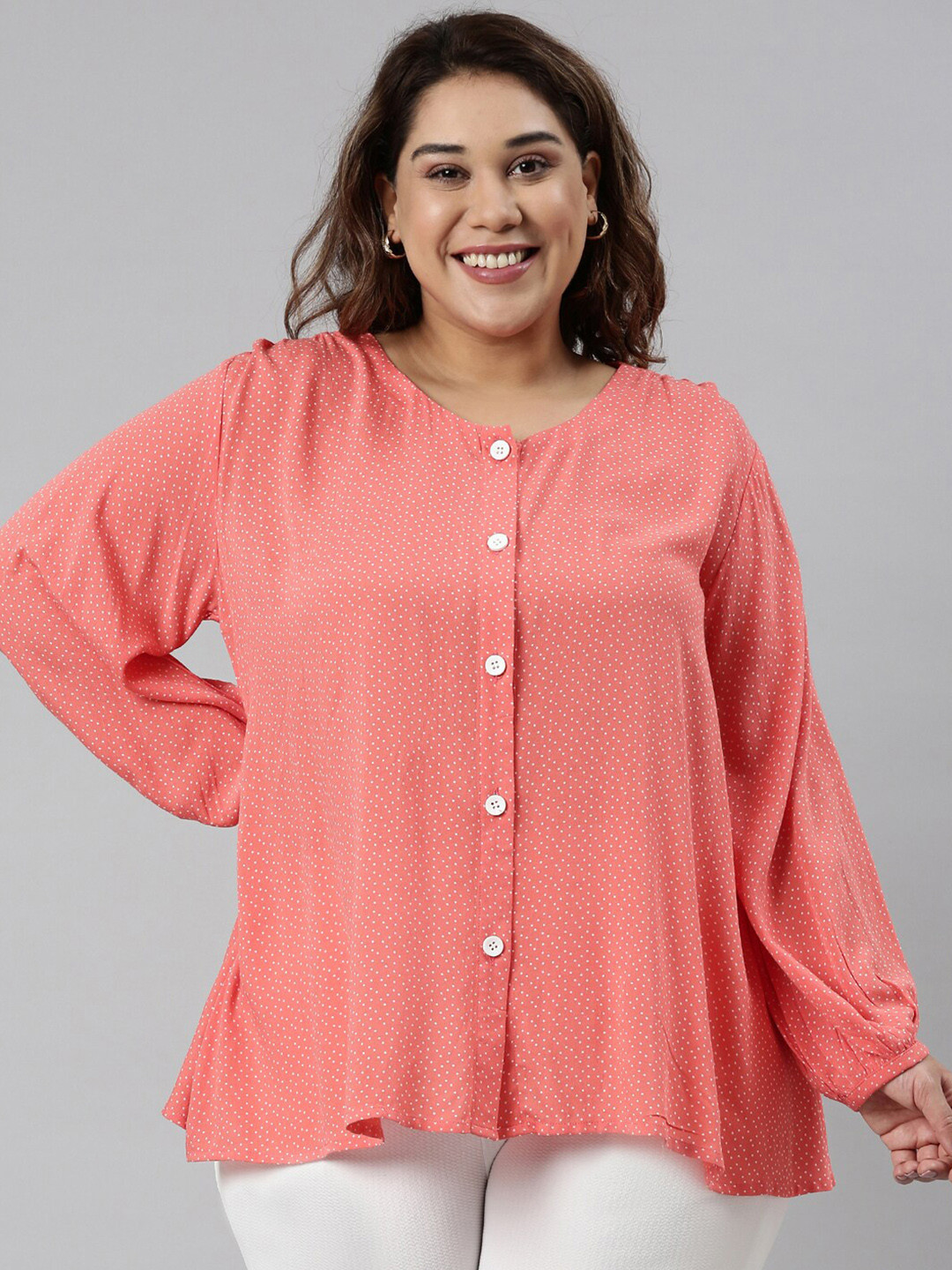 

The Pink Moon Women Plus Size Peach & White Polka Dots Printed Top
