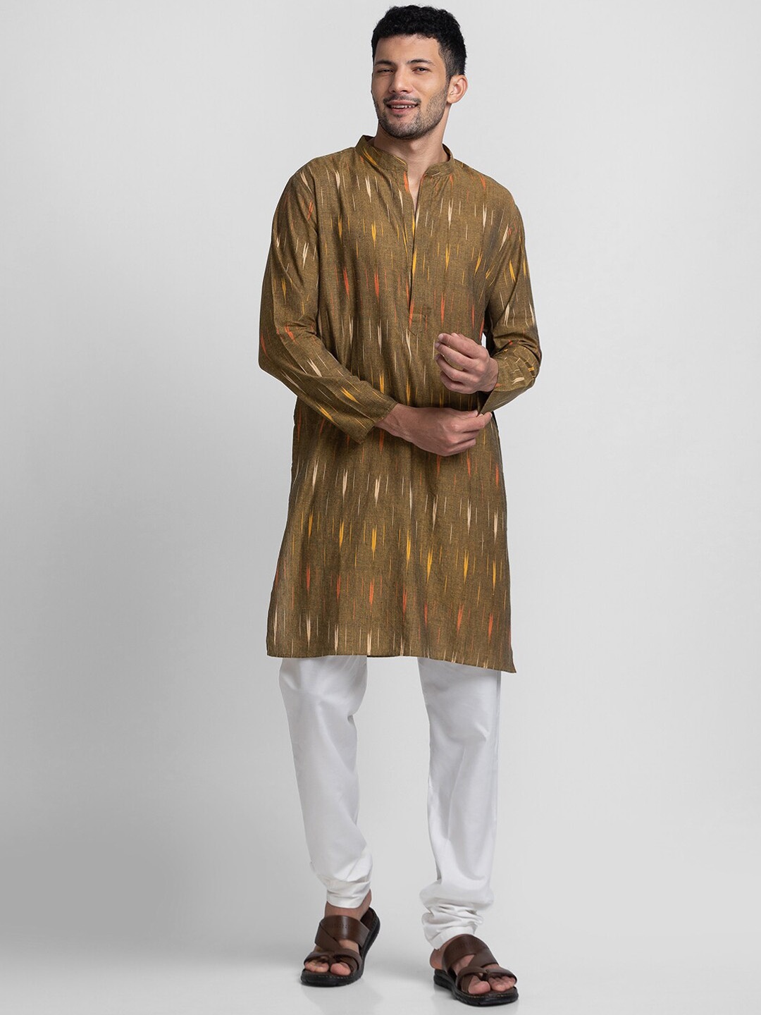 

Globus Men Olive Green & Yellow Pure Cotton Kurta