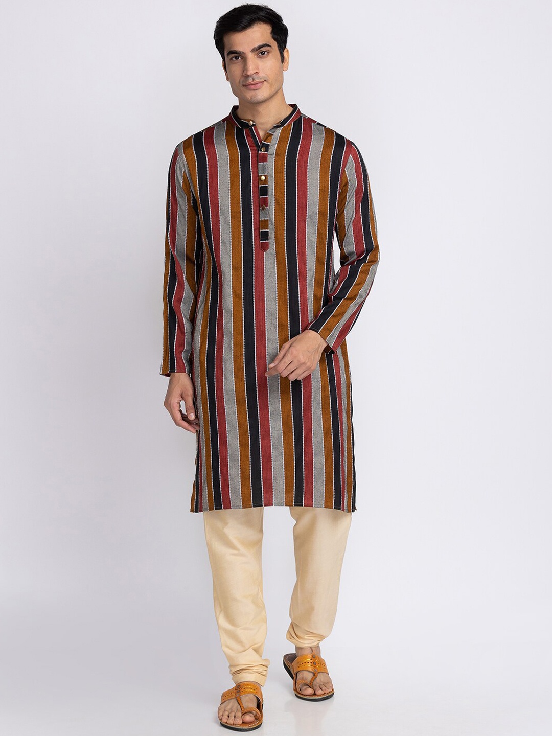 

Globus Men Red & Grey Striped Pure Cotton Kurta