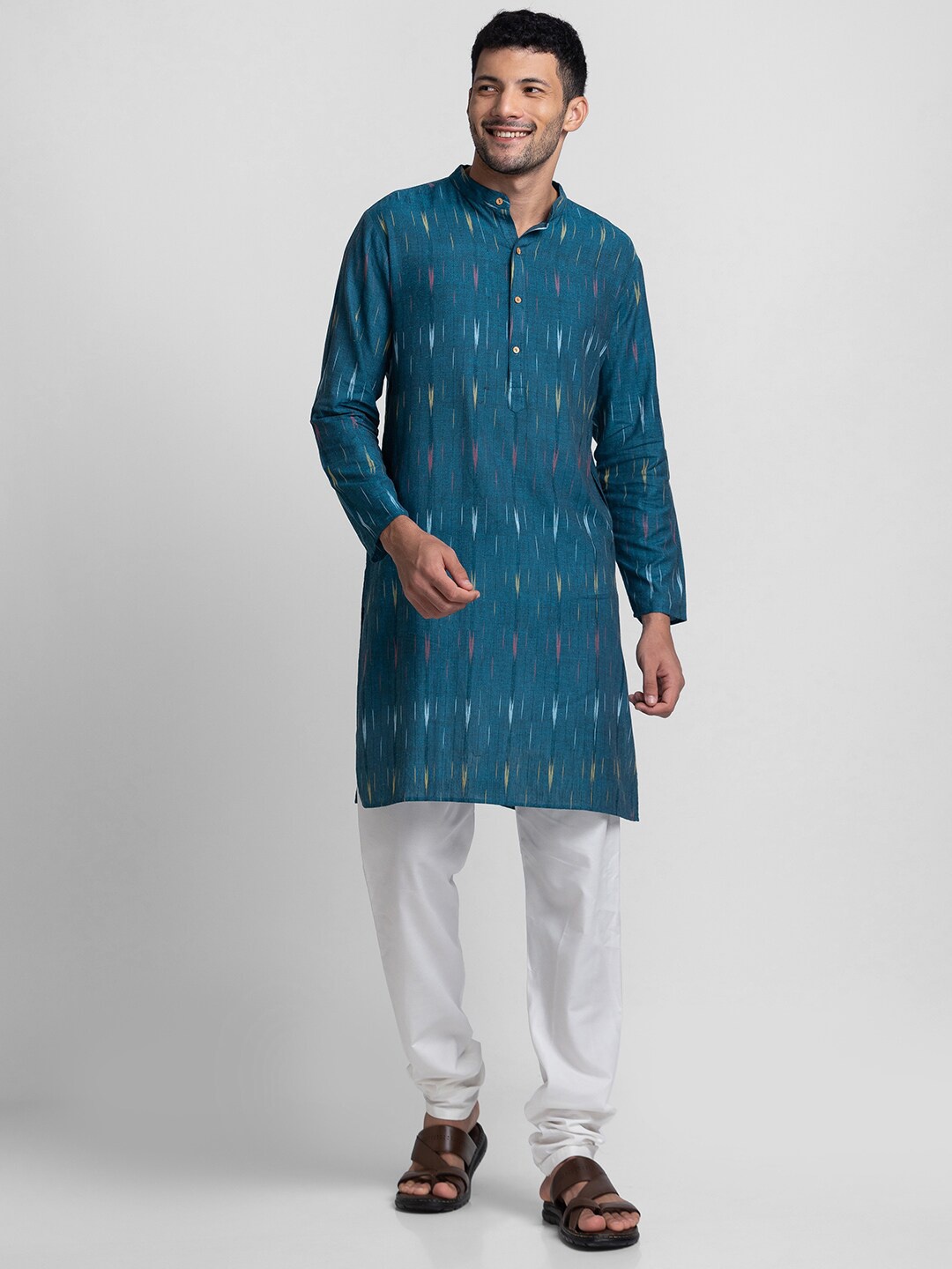 

Globus Men Teal & Yellow Pure Cotton Kurta