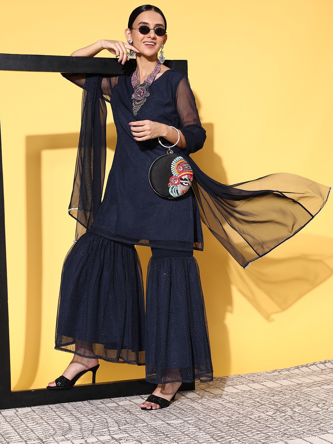

Sangria Women Navy Blue Embroidered Gotta Patti Kurti with Sharara & With Dupatta