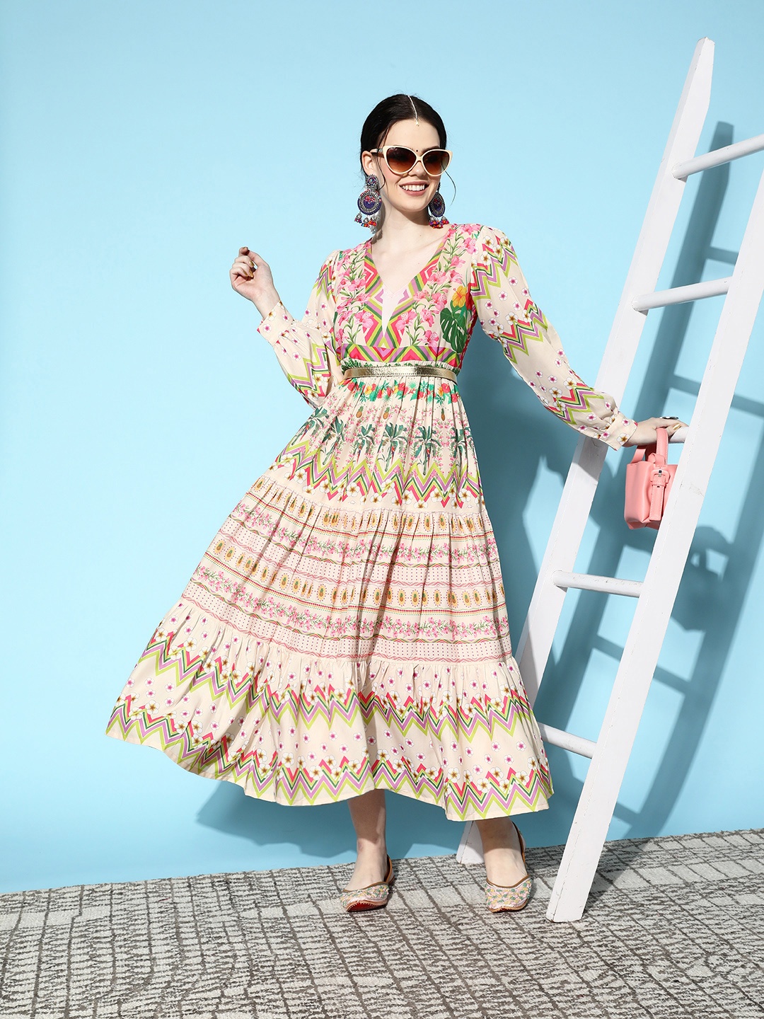 

Sangria Cream-Coloured & Pink Ethnic Motifs Printed A-Line Midi Dress