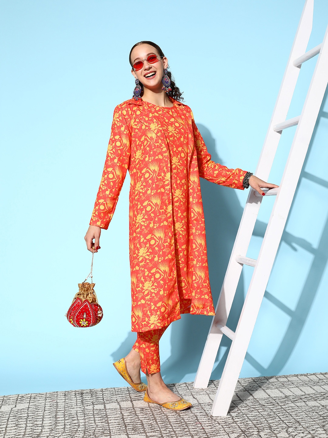 

Sangria Women Orange Floral Printed Kurta with Trousers & Jacket