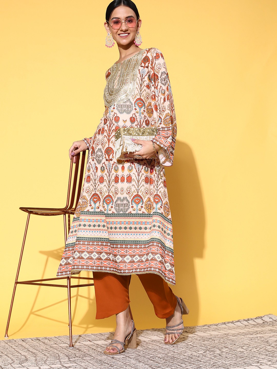 

Sangria Women Oatmeal Beige Printed A-Line Kurta with Trousers