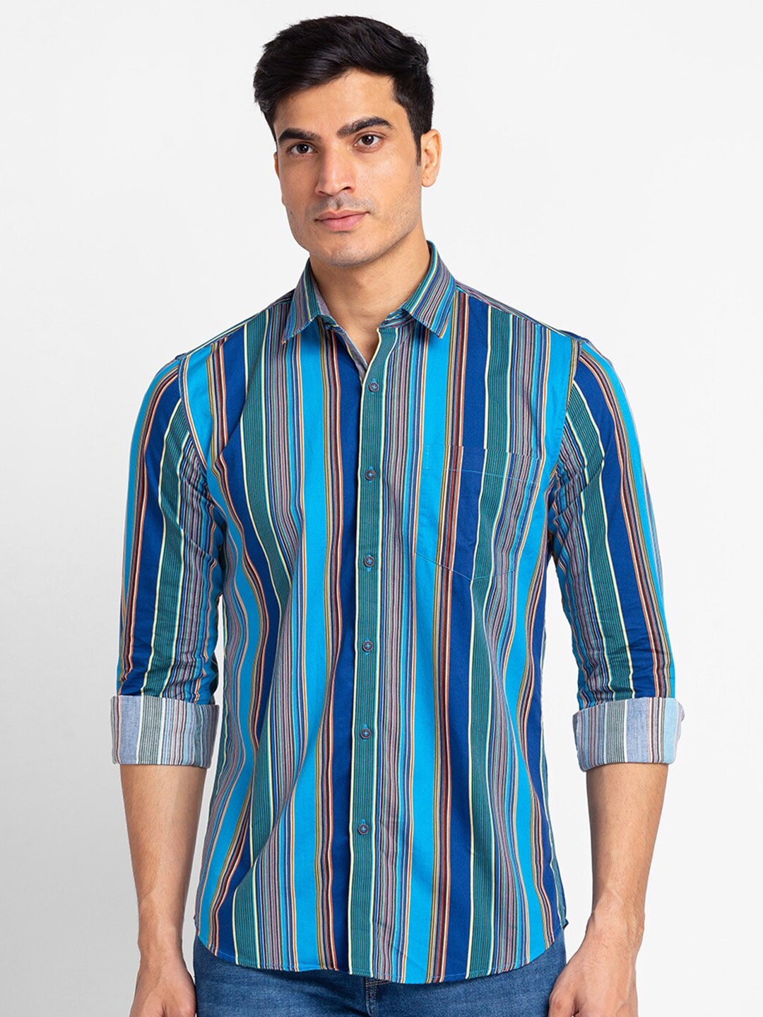 

Globus Men Blue Striped Cotton Casual Shirt