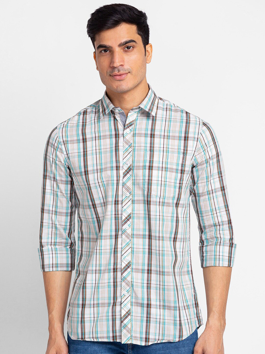 

Globus Men White Tartan Checks Cotton Casual Shirt