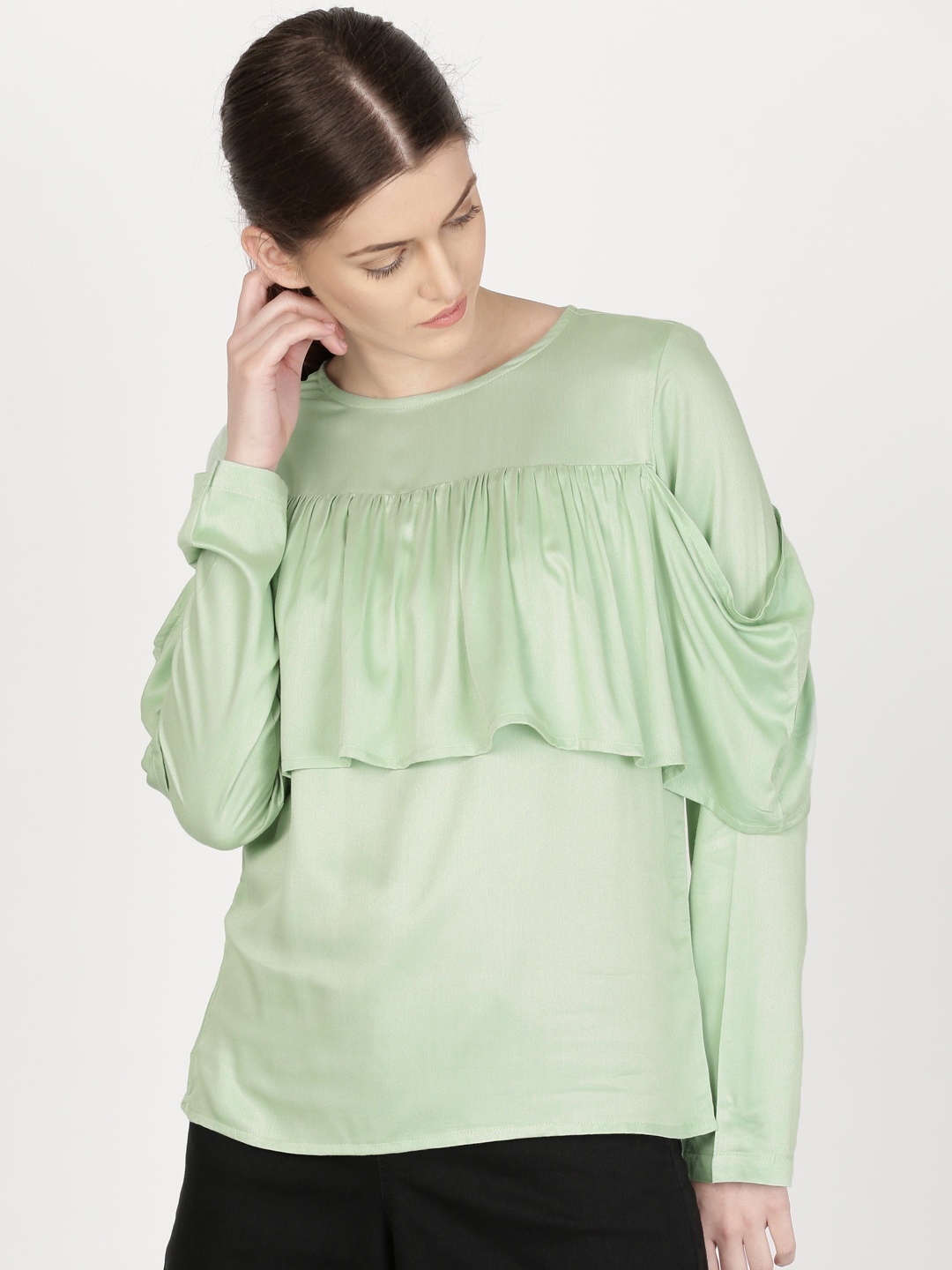 

ether Women Solid Green Ruffle Top