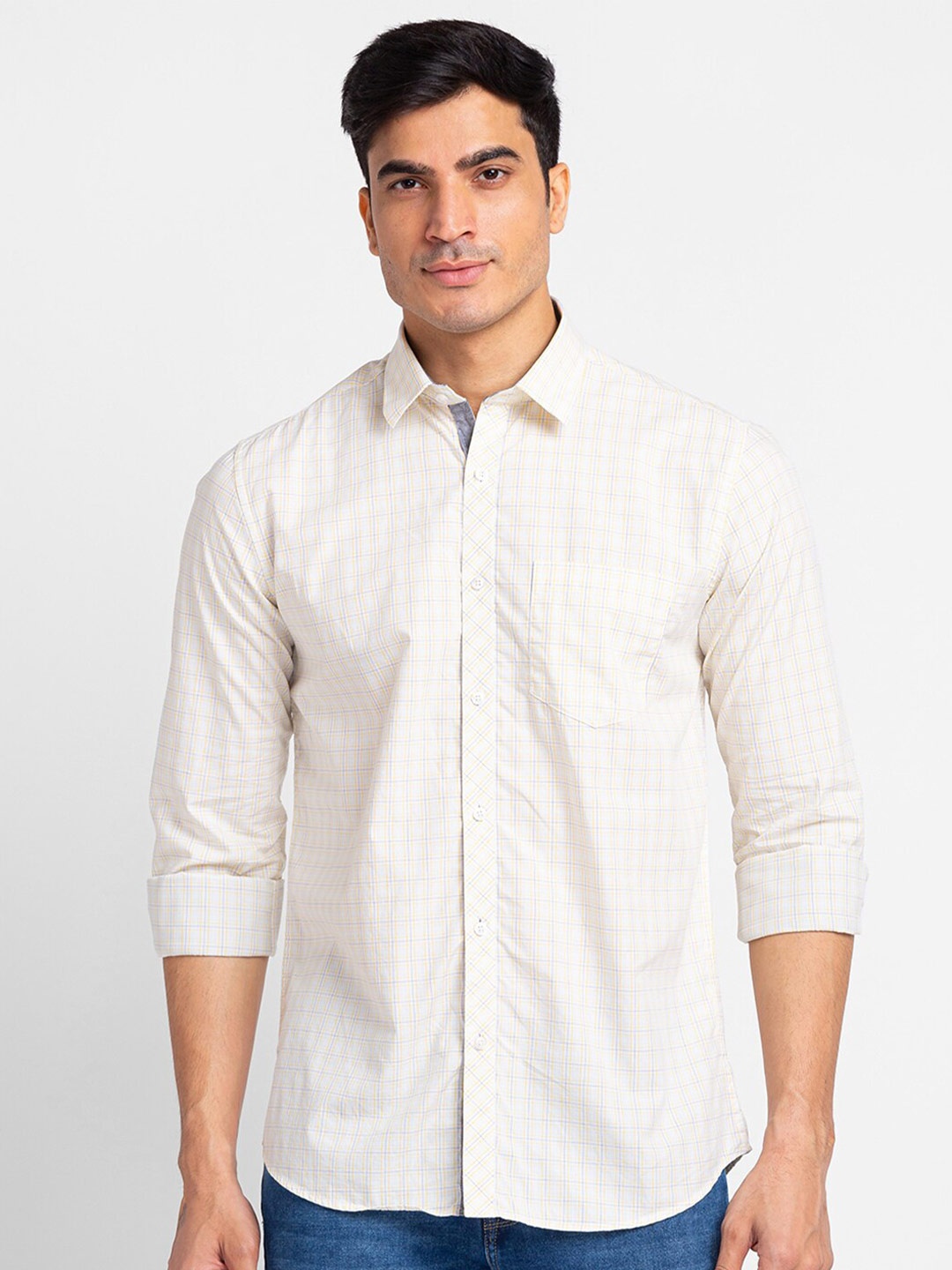 

Globus Men Cream-Coloured Grid Tattersall Checked Cotton Casual Shirt