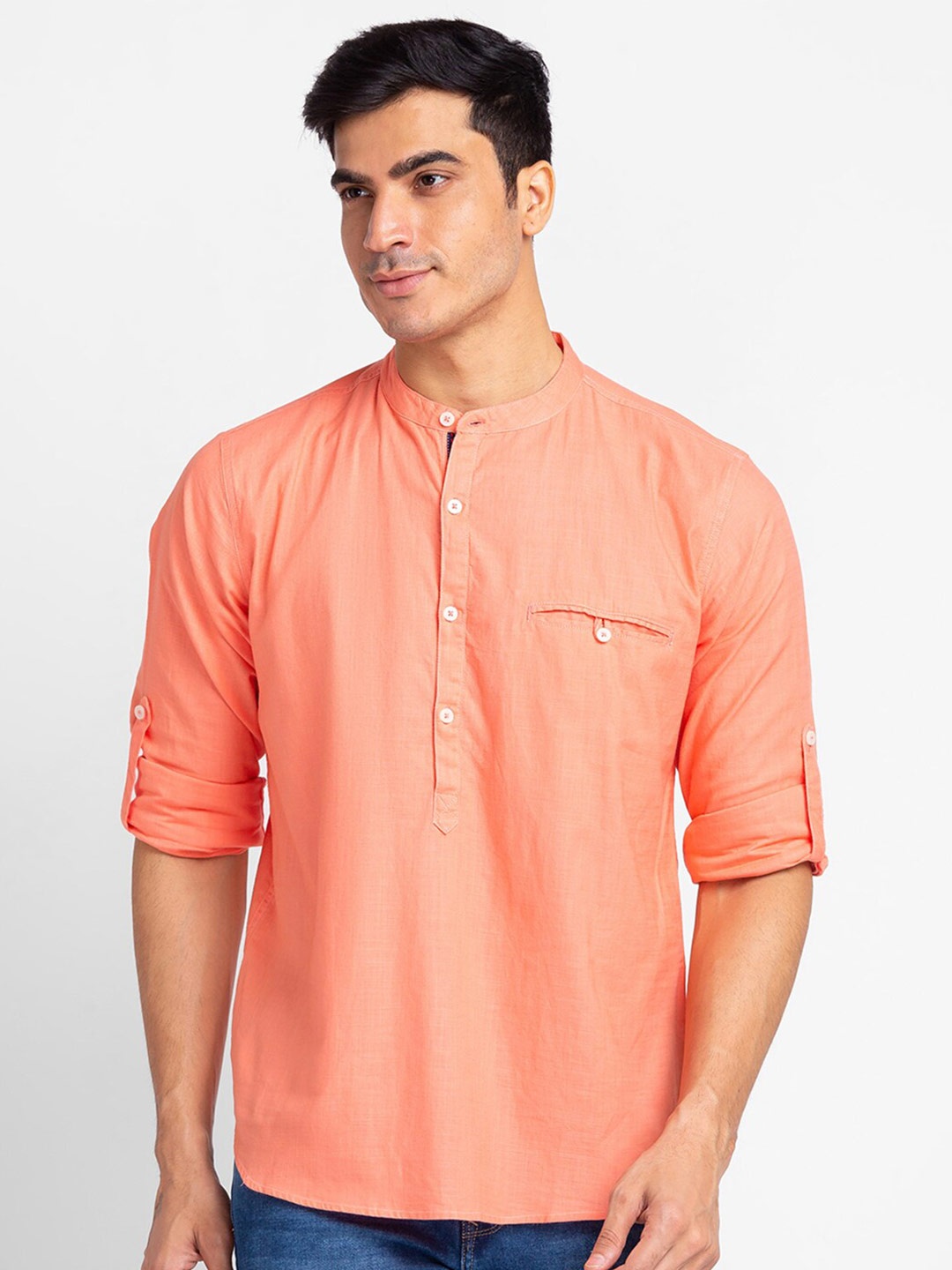 

Globus Men Coral Peach Solid Pure Cotton Casual Shirt