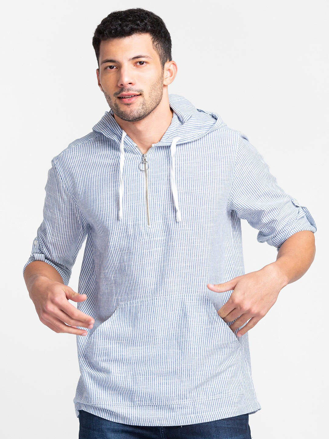 

Globus Striped Pure Cotton Half Zipper Hoodie, White