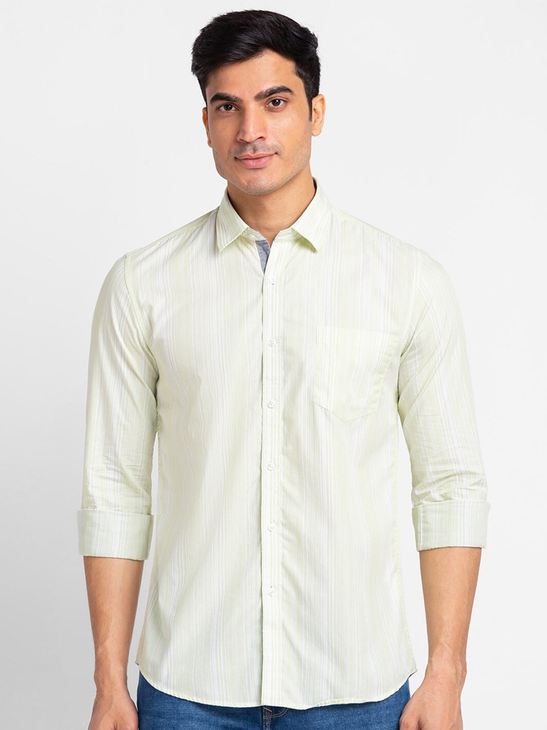 

Globus Men Sea Green Striped Pure Cotton Casual Shirt