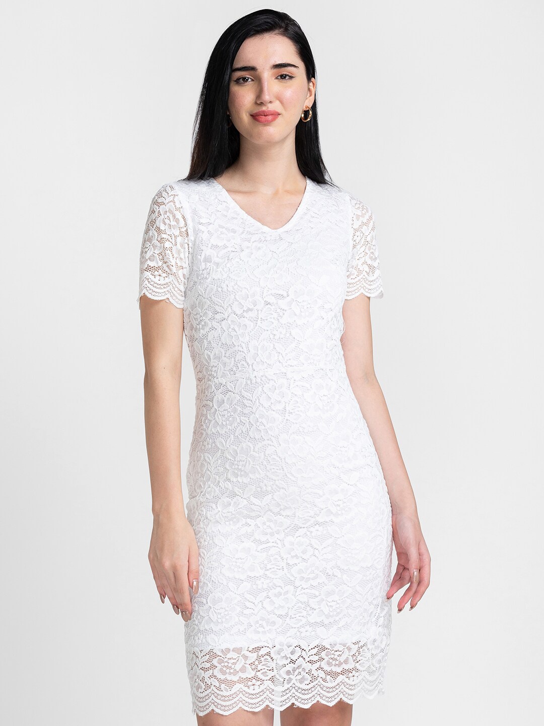 

Globus White Self Design Lace Sheath Dress