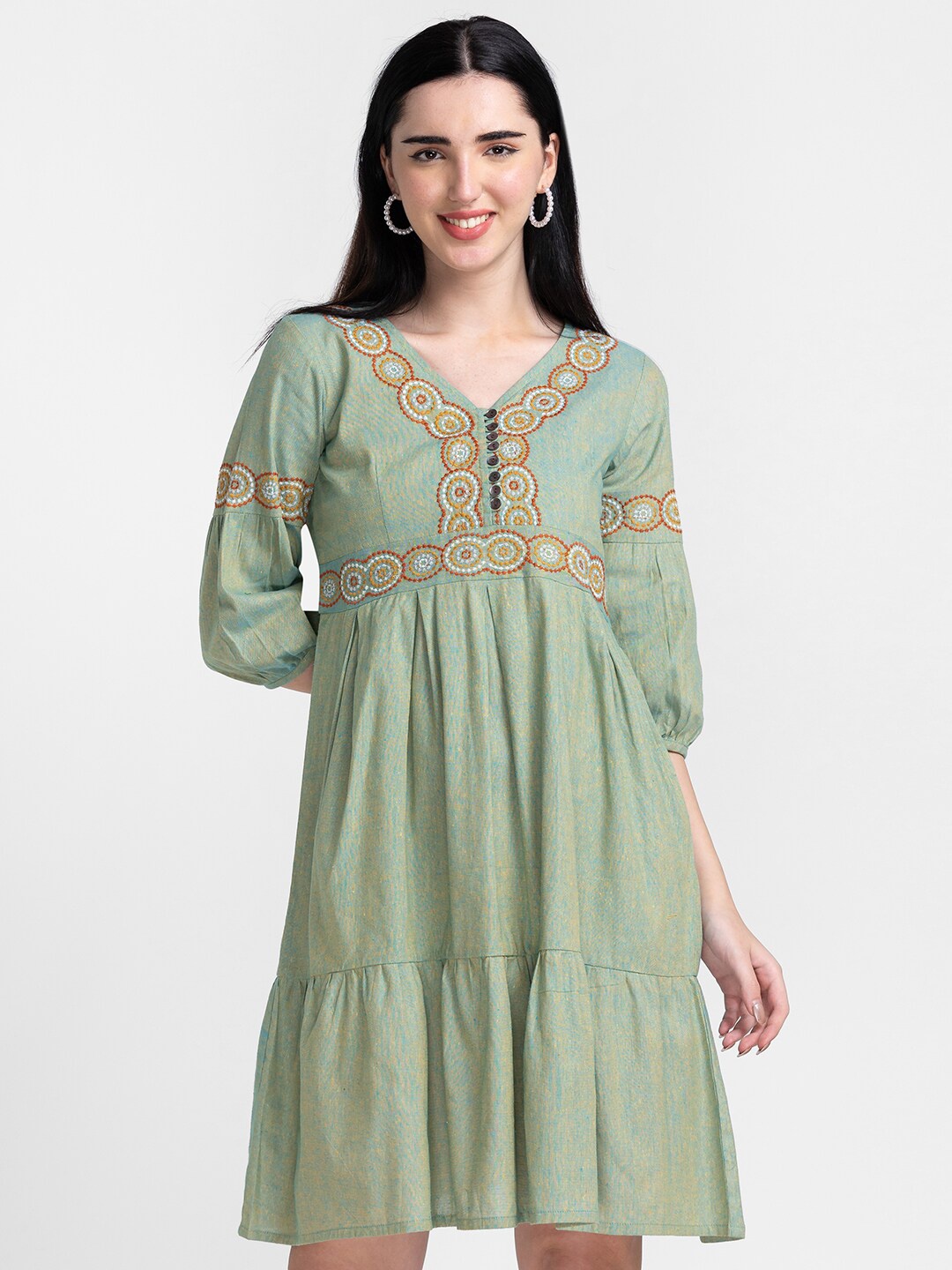 

Globus Sea Green Ethnic Motifs Embroidered Pure Cotton Empire Dress