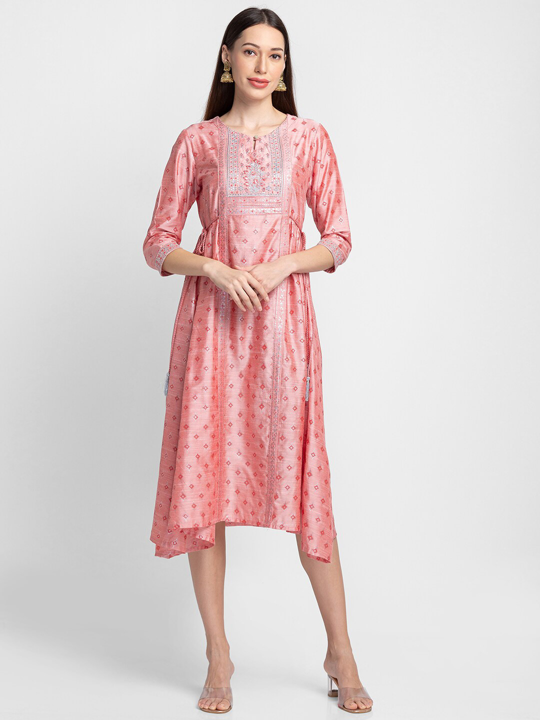 

Globus Peach-Coloured Ethnic Motifs Ethnic Empire Midi Dress