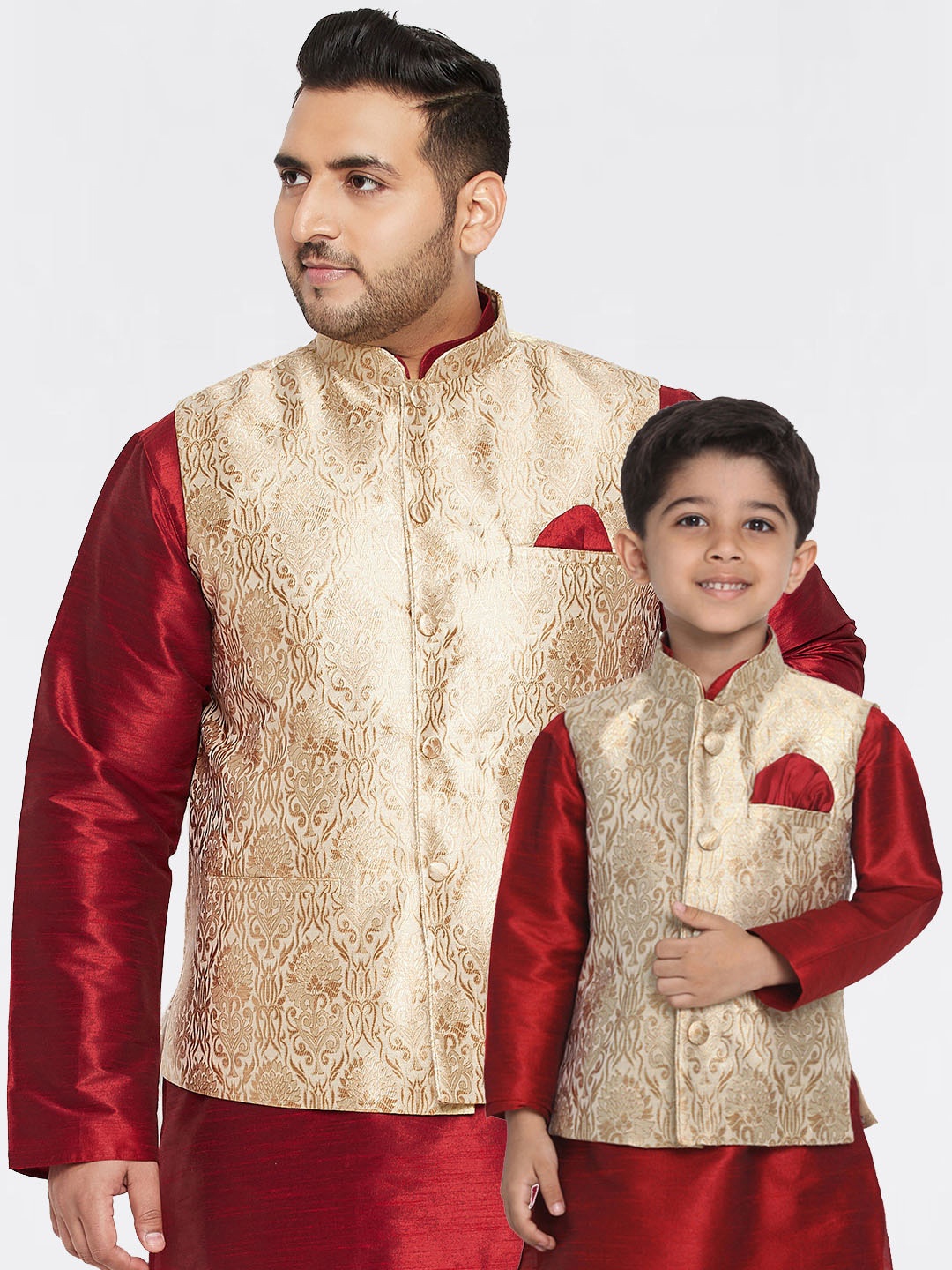 

VASTRAMAY Men Plus Size Rose Gold Woven Design Nehru Jacket