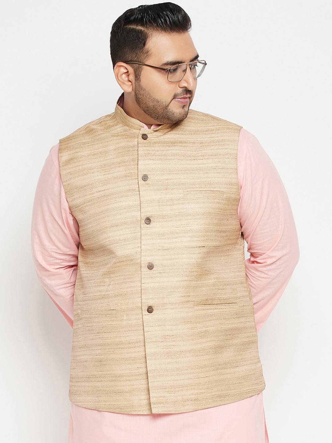 

VASTRAMAY Men Plus Size Beige Striped Nehru Jackets