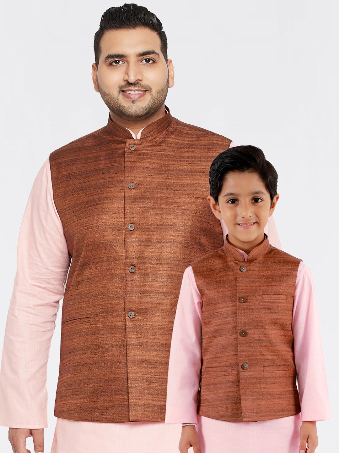 

VASTRAMAY Men Plus Size Coffee Brown Woven-Design Nehru Jackets