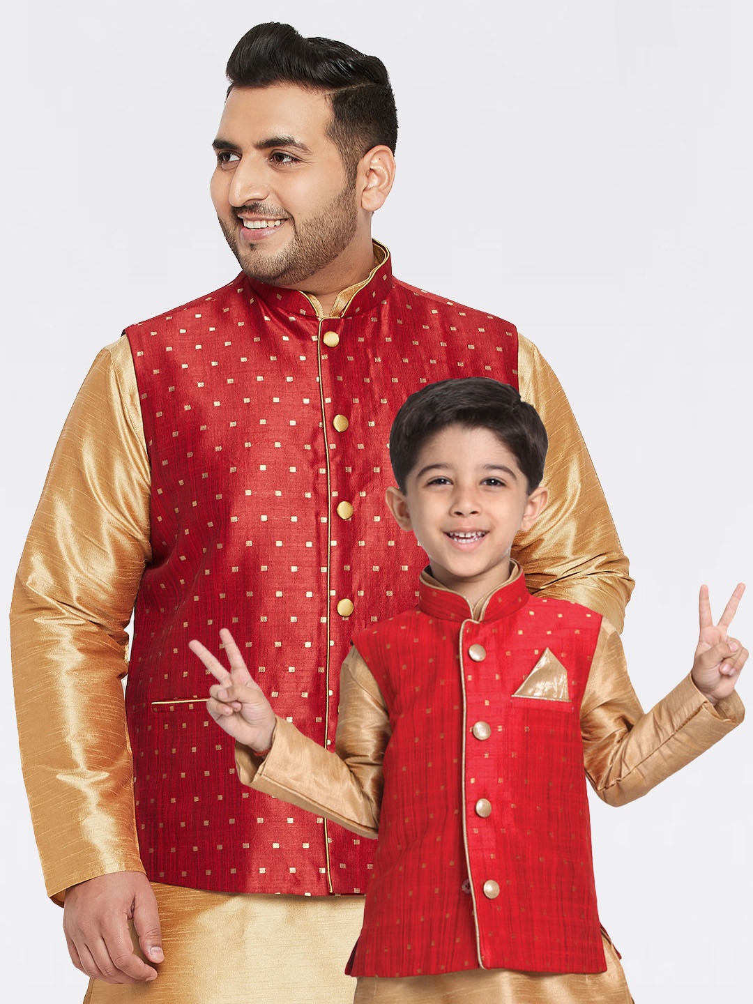 

VASTRAMAY Men Plus Size Maroon & Gold Woven Design Silk Blend Nehru Jacket