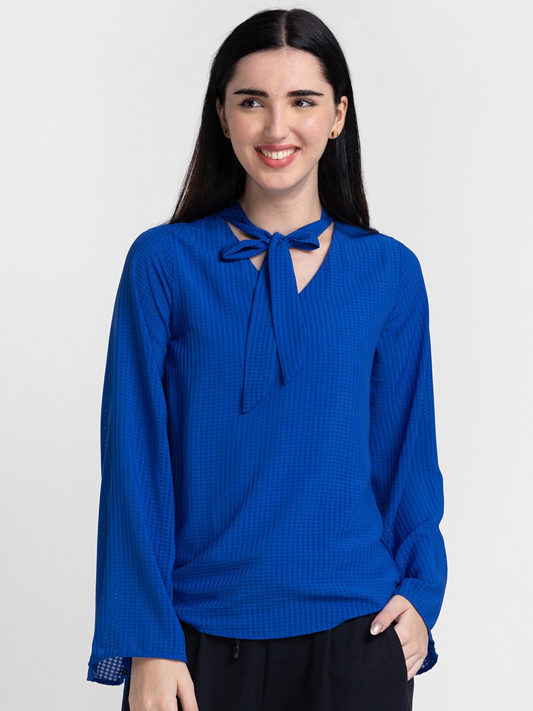 

Globus Women Blue & Black Print Tie-Up Neck Georgette Top