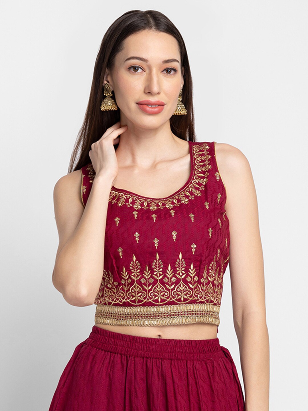 

Globus Women Magenta & Gold-Toned Embroidered Crop Pure Cotton Top