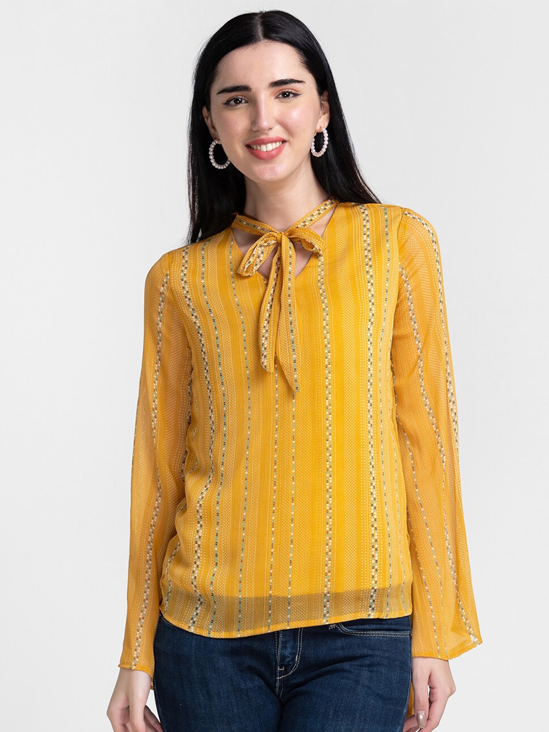 

Globus Women Yellow & White Geometric Print Tie-Up Neck Georgette Top