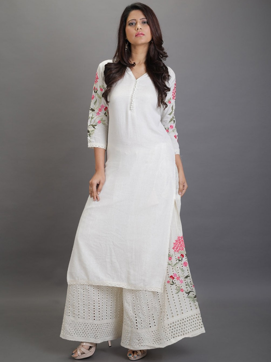 

AUTUMN LANE Women White Embroidered Thread Work Pure Cotton Kurta with Palazzos