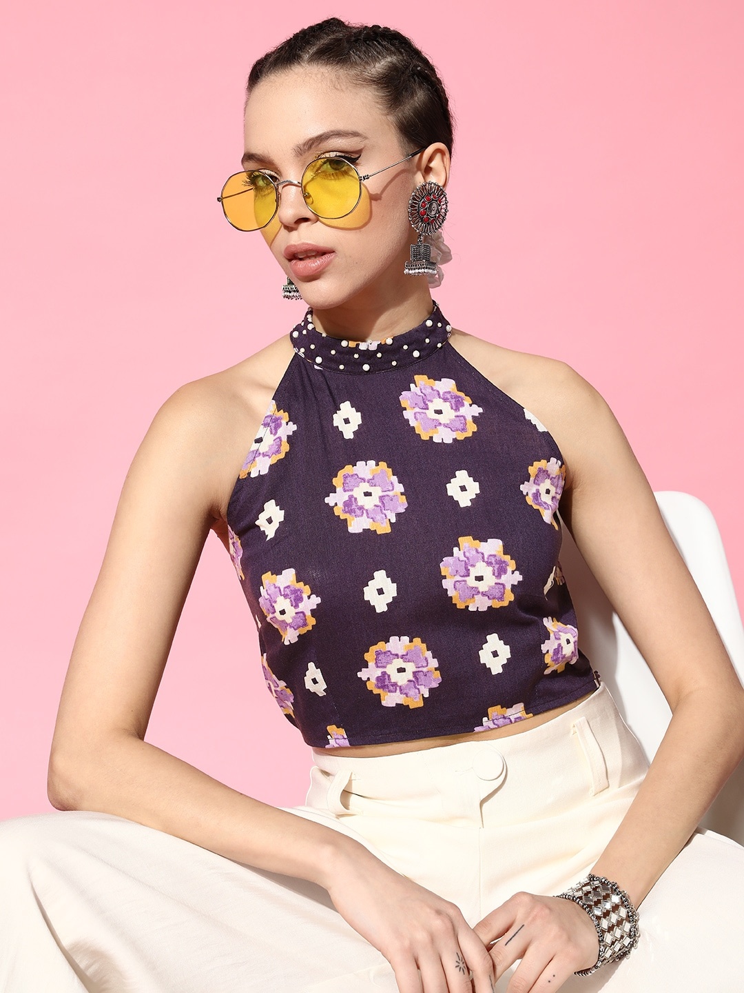 

Sangria Embellished Print Crop Top, Purple
