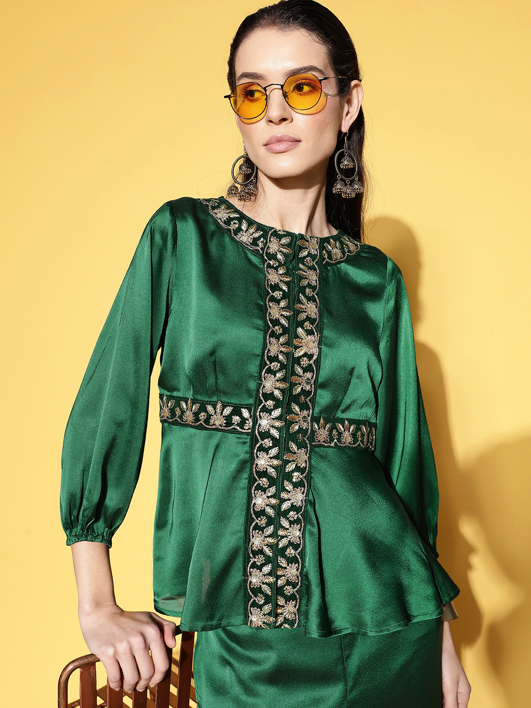 

Sangria Earthy Green Embroidered Sequin Work Satin Co-Ord Set