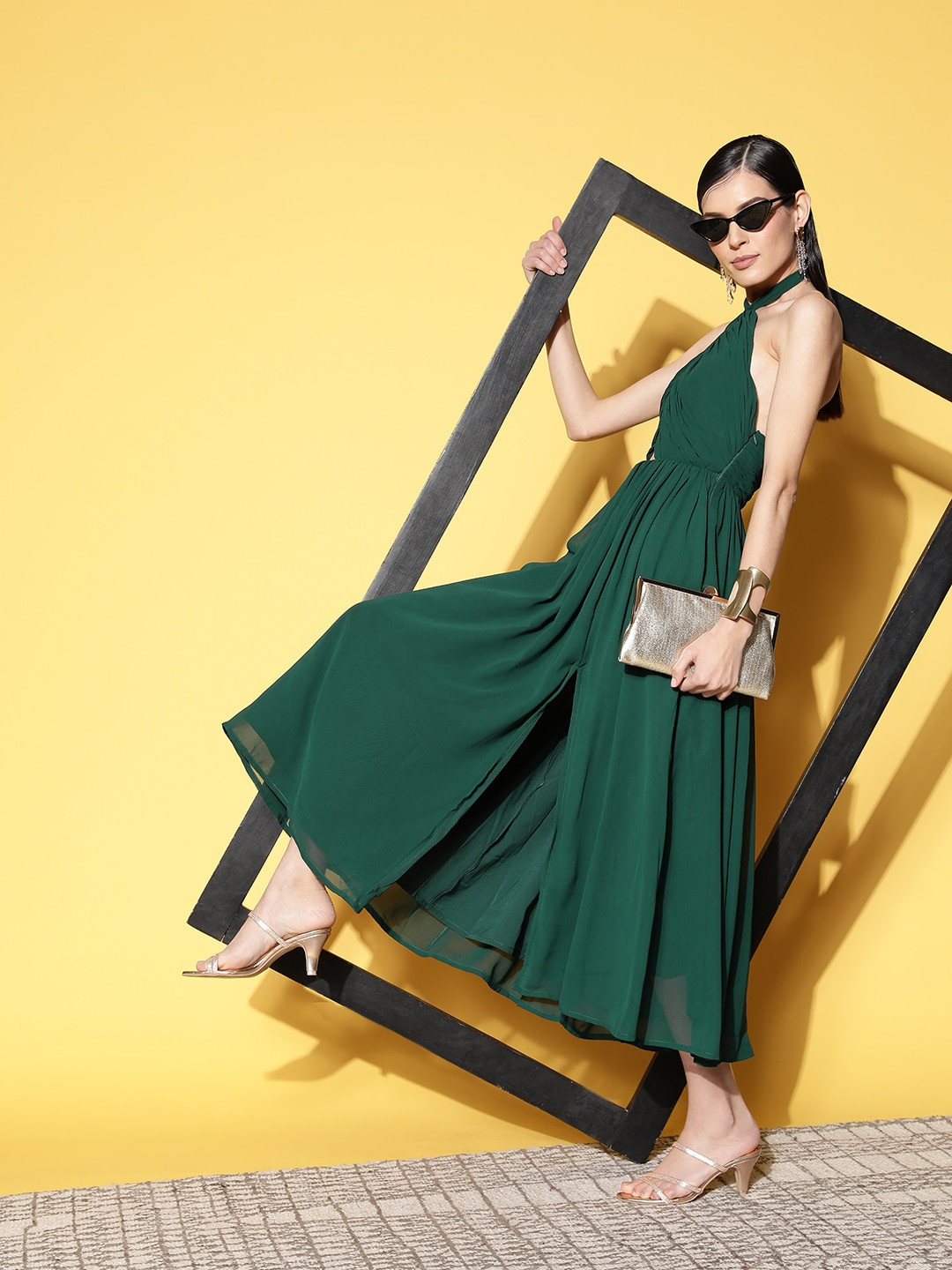 

Sangria Earthy Green Ruched Cut Out Detail Halter Neck Peekaboo Slits Dress
