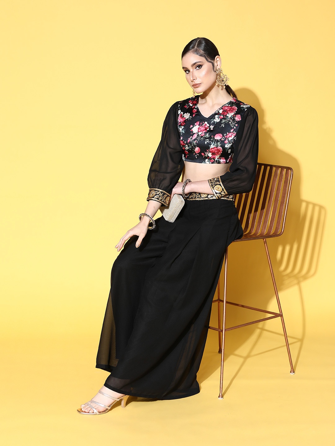 

Sangria Floral Printed Satin Ethnic Co-Ords, Black