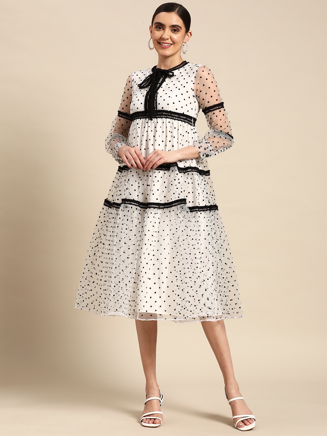 

Sangria Tie-Up Neck Self-Design Net A-Line Dress, White