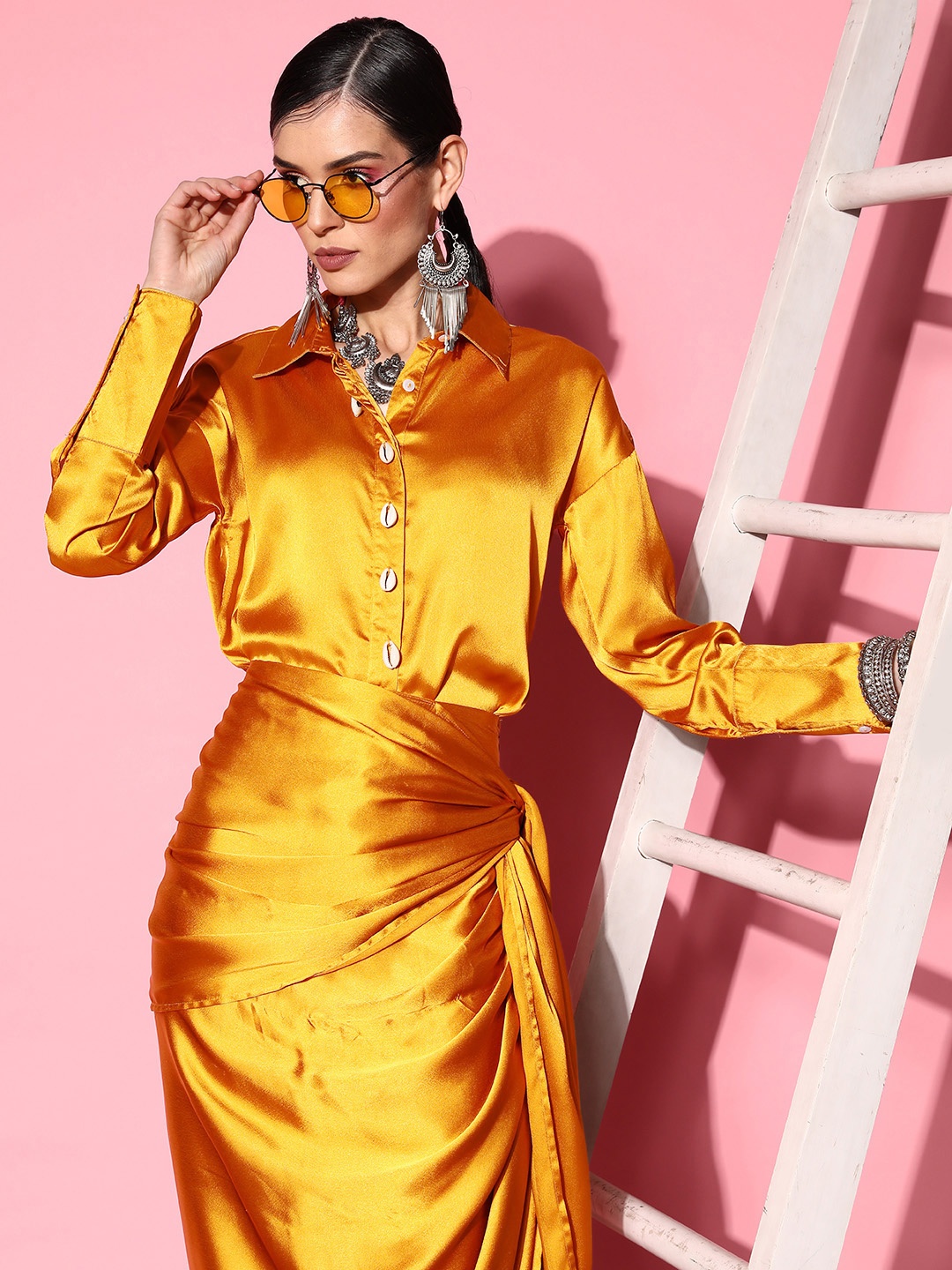

Sangria Mustard Yellow Shell Detail Satin Co-Ord Set