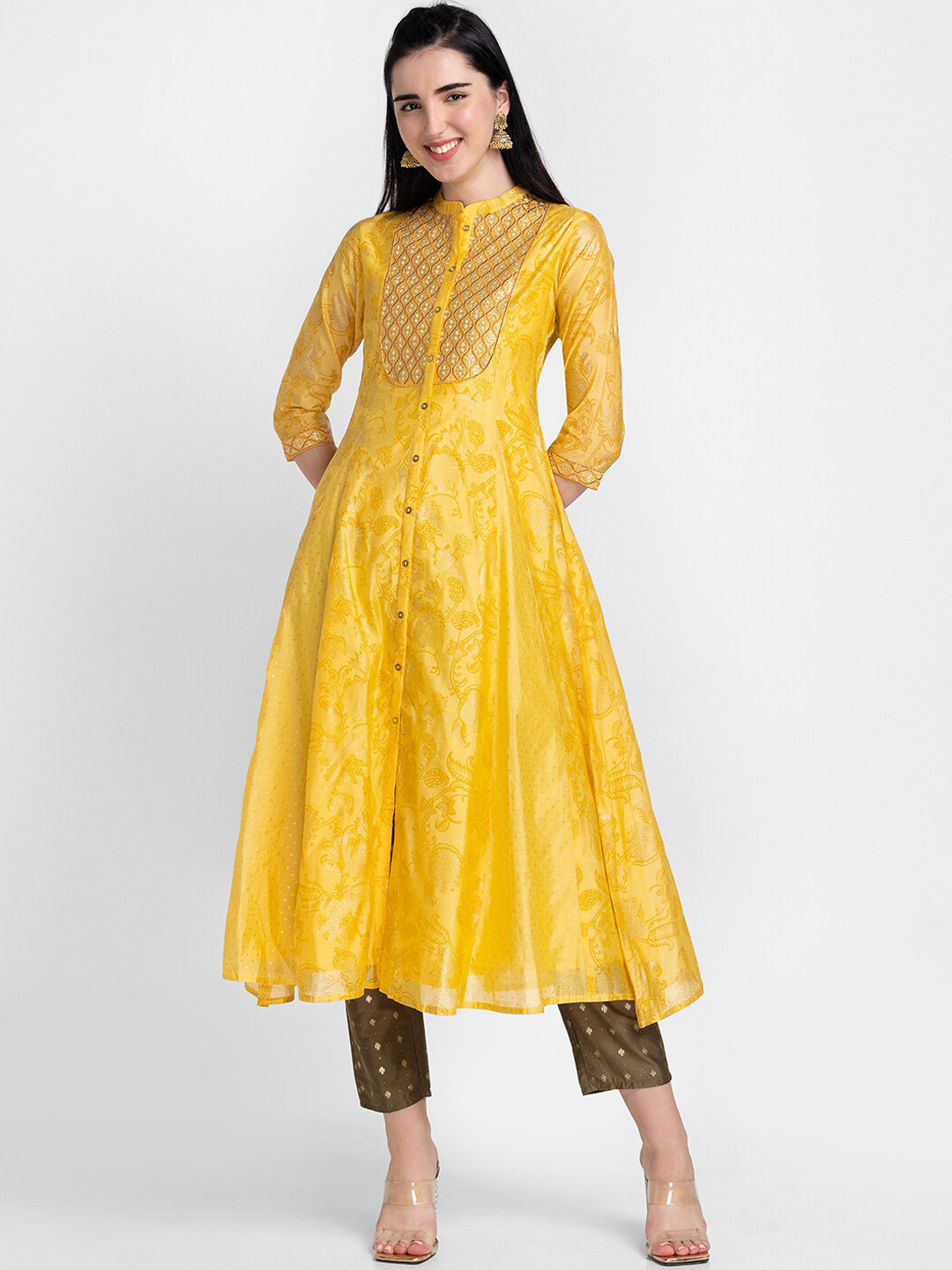 

Globus Women Yellow & Silver-Toned Ethnic Motifs Printed Thread Work Chanderi Silk Anarkali Kurta