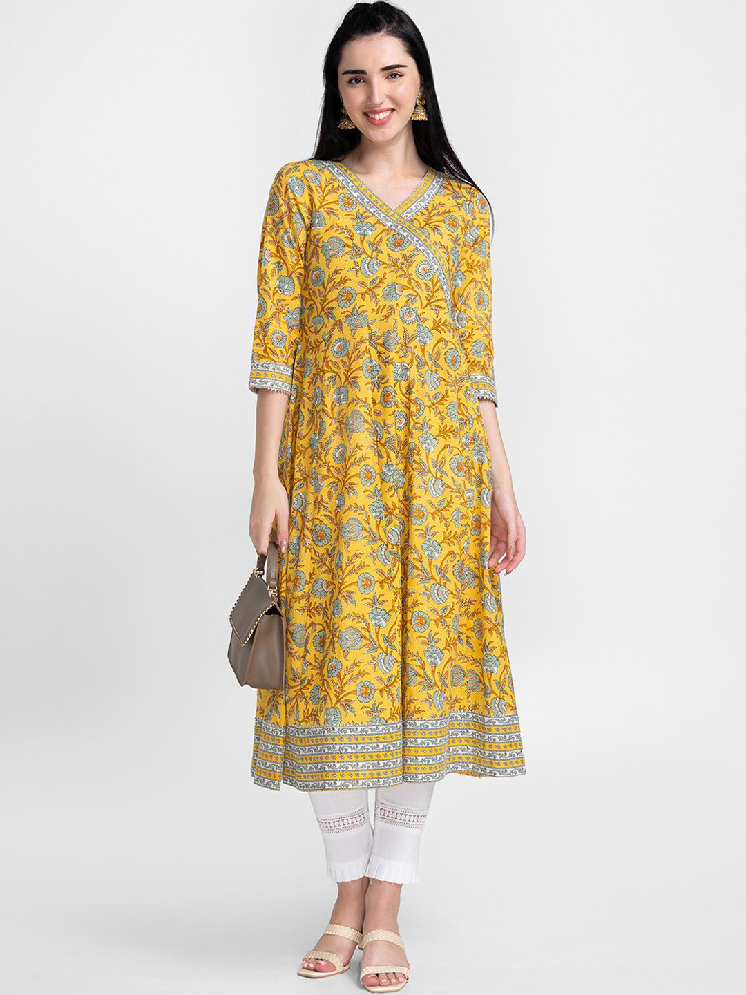 

Globus Women Yellow & Blue Floral Printed Pure Cotton Kurta