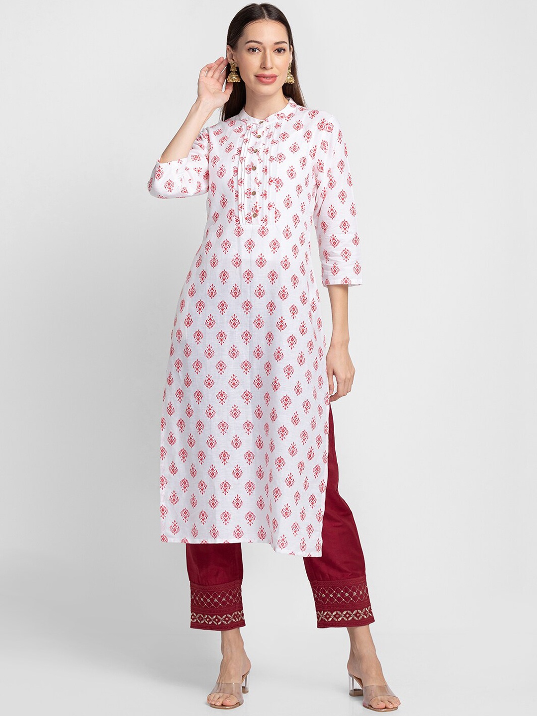 

Globus Women Off White & Red Ethnic Motifs Printed Pure Cotton Kurta