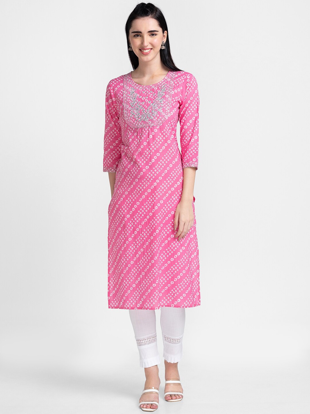 

Globus Women Pink & White Leheriya Printed Thread Work Pure Cotton Kurta