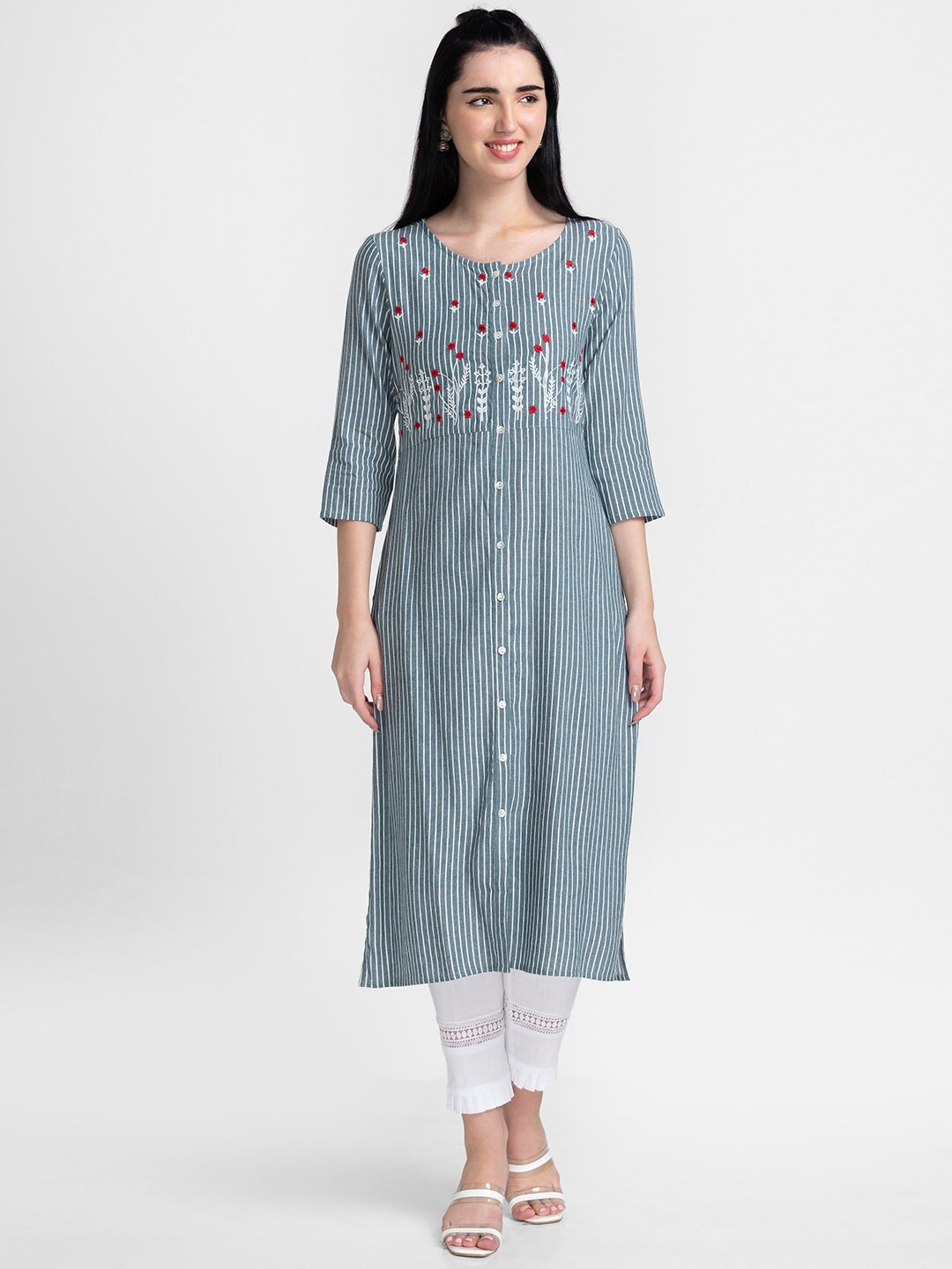 

Globus Women Grey & White Striped Thread Work Kurta