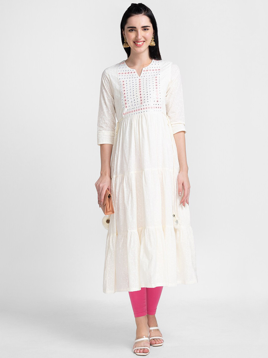 

Globus Women Off White & Pink Ethnic Motifs Mirror Work Anarkali Pure Cotton Kurta