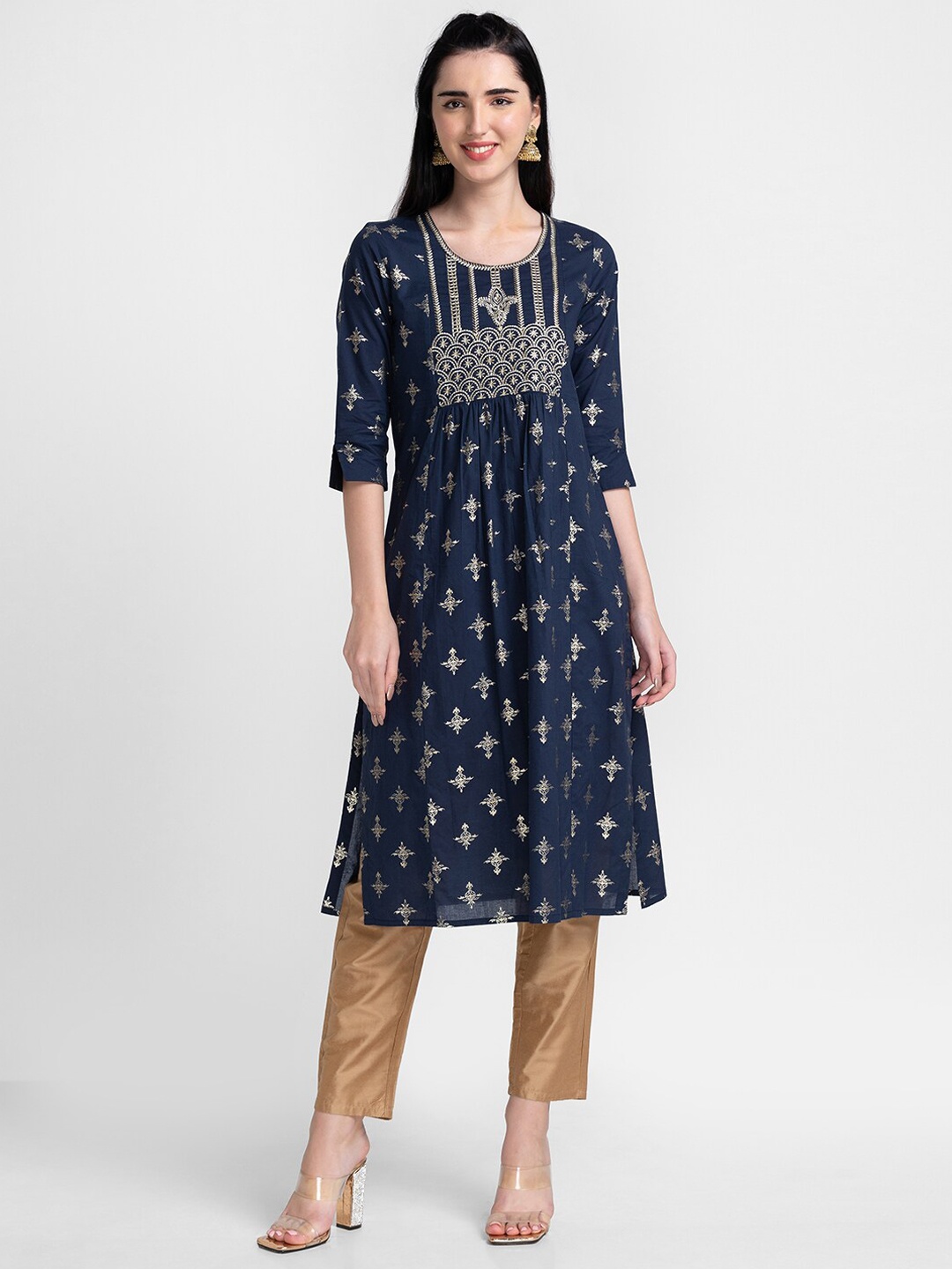 

Globus Women Navy Blue & Silver-Toned Ethnic Motifs Printed Thread Work Chanderi Silk Kurta