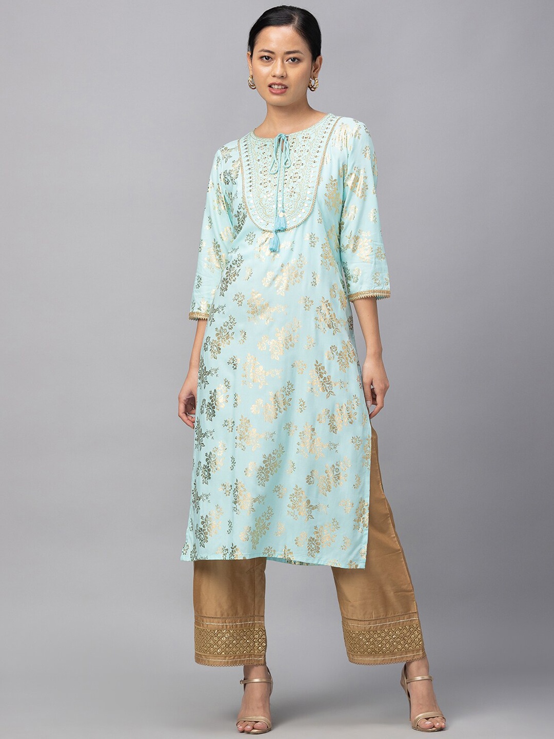 

Globus Women Sea Green & Gold-Toned Ethnic Motifs Printed Kurta
